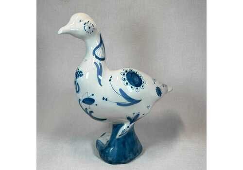 Large David Sharp Rye Pottery Goose, 1960s, Blue Foliate Decoration, Mid Century Modern, Collectable Ceramic Goose