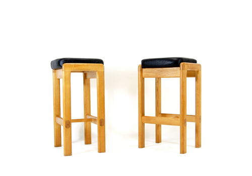 Pair Of Retro Vintage Danish Oak & Leather Bar Stools Chairs Mid Century 70s 80s
