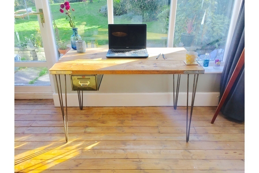 Scaffold Board Desk With Steel Hairpin Legs And Vintage Steel