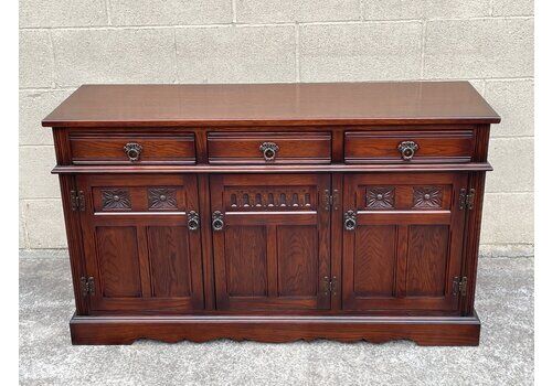 A Wood Brothers Old Charm Tudor Brown Carved Oak Sideboard / Dresser Base / Cupboard / Cabinet