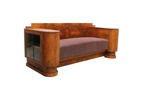 Dutch Art Deco Design Sofa By Pander 1930 Walnut Burl Wood With Display Cabinets