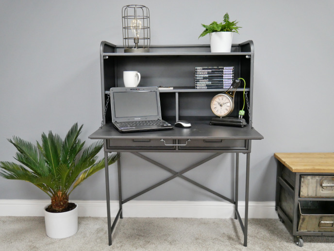 Metal Industrial Desk With Drawers Hidden Pull Down Vintage