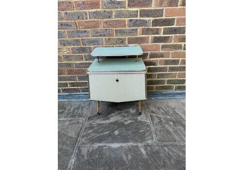 Rare Mid Century Bedside Cupboard, Super Retro Style With Woven Detail, Chrome Effect And Tapered Legs