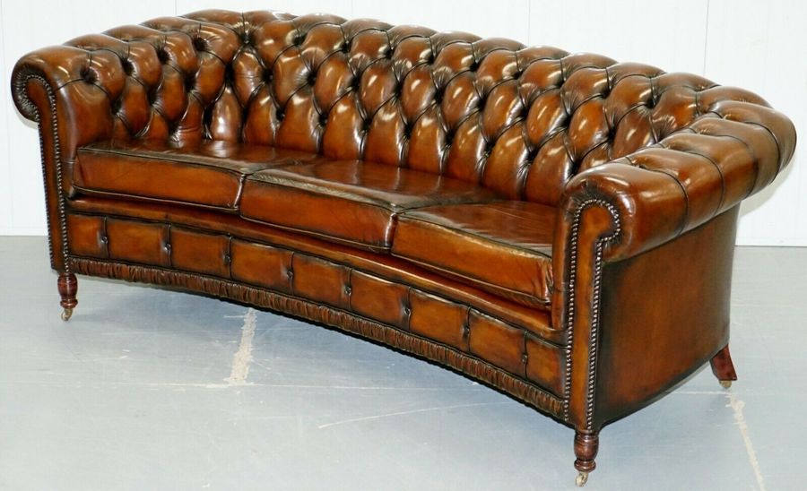 Very Rare Curved Front Fully Red Cigar Brown Leather Chesterfield Club Sofa
