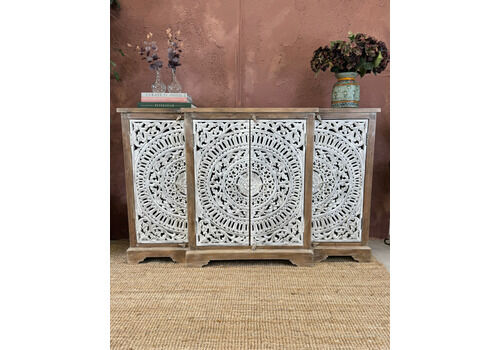 Hand Carved Mango Wood 4 Door Sideboard With Whitewashed Floral Detailing