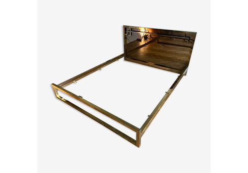 Belgo Chrom Bed In Gold Metal And Bronze Mirrored Headboard, 1970