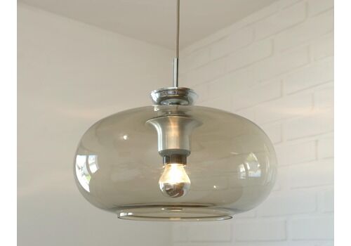 1 Of 2 Vintage Pendant Light In Space Age Style / Mid Century Modern Smoked Glass Light Fixture Made In Yugoslavia 1970