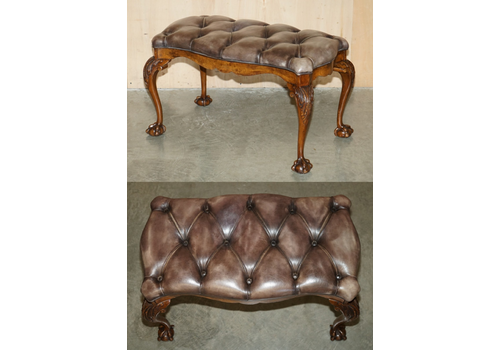Stunning Antique English Burr Walnut Brown Leather Claw & Ball Window Seat Bench