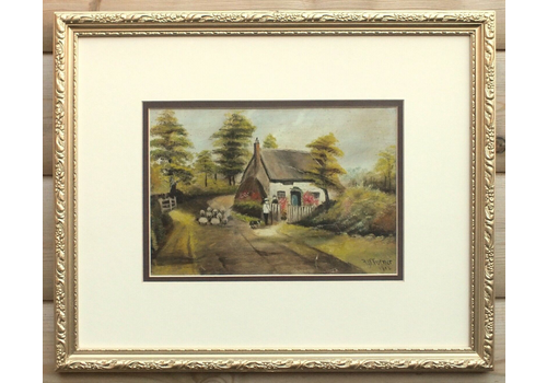 Thatched Cottage, English Farming Landscape Antique Oil Painting, Framed Signed