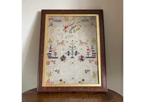 Antique Victorian Woollen Cross Stitch Sampler By Mary Ann Adams In A Period Oak Frame. C. 1866