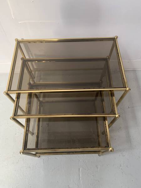 Set Of Three Nesting Tables In Brass And Smoked Glass, 20th Century photo for sale
