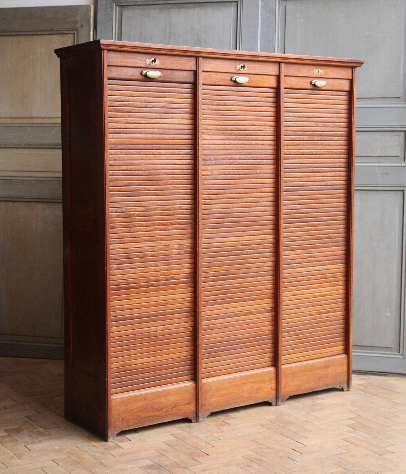 Vintage French Oak Triple Tambour Filing Mid Century Vinterior