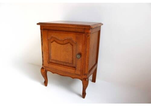 Mid Century Oak Wood French Louis XV Style Door Bent Legs Antique Style Nightstand Bedside Table End Table Country Side Table 1960