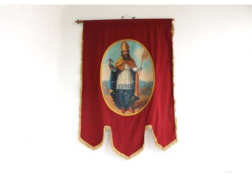 Double Flag Of St. Eligius And Lamb Of God Little Jesus Agnus Dei Antique Fabric Church Banner Eloi Eloy Hand Painted Procession / Altar