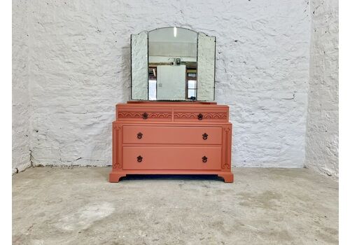 Carved Oak Vintage Chest Of Drawers Painted Terracotta Coral Pink 30s 40s Solid Wood Bedroom Furniture Dressing Table Dresser