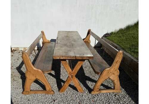 Large Vintage Pine Large Refectory Table With Two Pew Style Benches