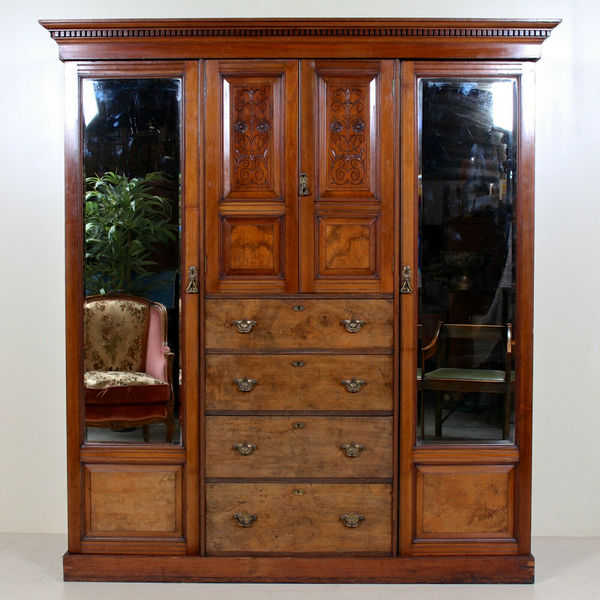 Large Antique Victorian Triple Compactum Wardrobe Walnut Mirrored Armoire Vinterior