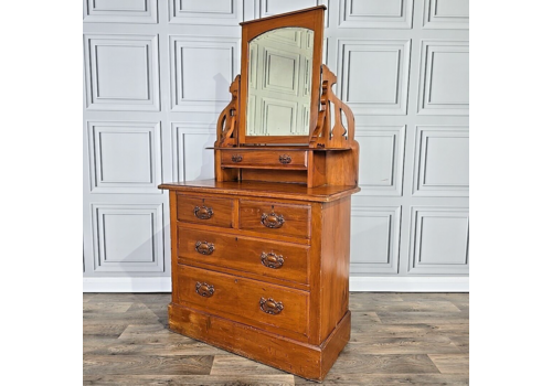 Antique Edwardian Art Nouveau Wooden Mirror Back Dressing Table Chest Of Drawers