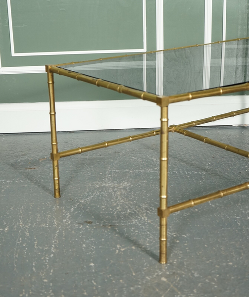 Hollywood Regency Golden Bamboo Coffee Table Set With 2 Side Tables On Castors photo vintage