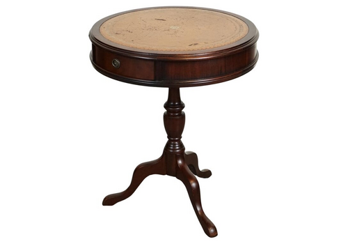Vintage Drum Side End Table Lamp Wine Table Brown Leather Top J1