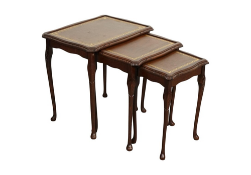 Vintage Nest Of Tables Queen Anne Style Legs With Brown Embossed Leather Top