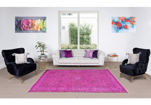 5.3x8.6 Ft Handmade Midcentury Turkish Rug In Fuchsia Pink For Modern Interiors