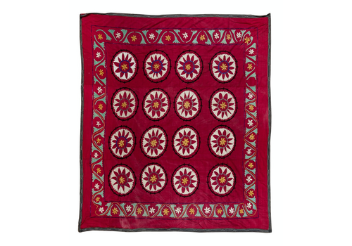 6.9x6.9 Ft Silk Embroidery Bed Cover, Suzani Wall Hanging, Vintage Tablecloth