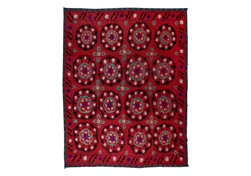 7.3x8 Ft Vintage Silk Hand Embroidery Bed Cover, Asian Suzani Wall Hanging