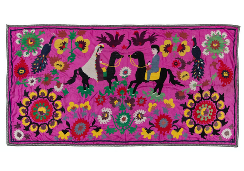 4.7x9 Ft Silk Embroidery Wall Hanging, Asian Suzani Table Cover, Pink Bedspread