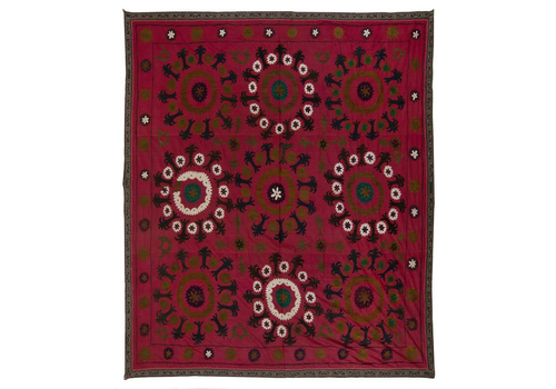 7x7.4 Ft Central Asian Suzani Textile. Embroidered Cotton & Silk Bed Cover