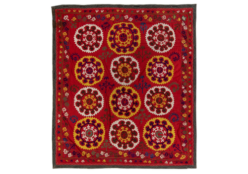 5.8x6.5 Ft Central Asian Suzani Textile. Embroidered Cotton & Silk Bed Cover