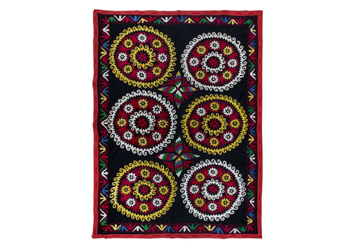 5x6.6 Ft Colorful Silk Hand Embroidery Wall Hanging, Old Suzani Fabric Bedspread