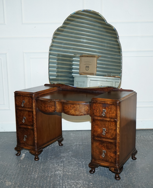Antique 1920's Art Deco Burr Walnut Dressing Table With Large Mirror photo furniture