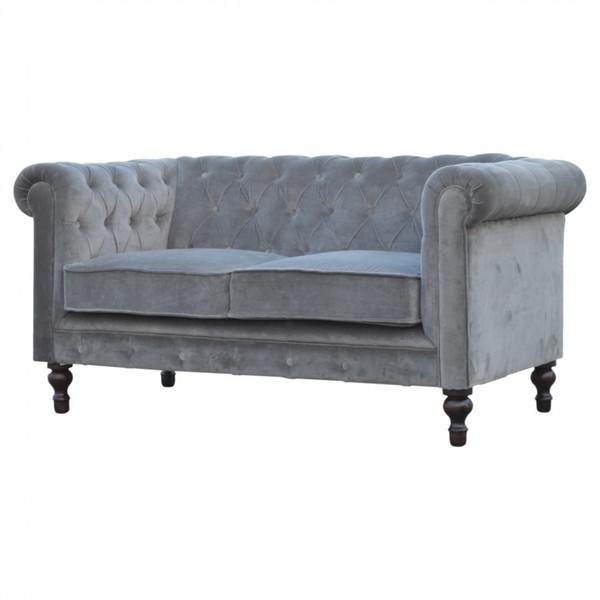 Free Shipping Grey Velvet Upholstered Chesterfield Styled 2 Seater Sofa Settee