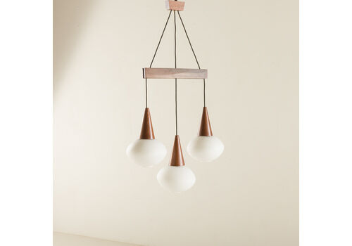 Italian Mid Century Teak And White Opaline Glass Chandelier In The Style Of Stilnovo, 1960s