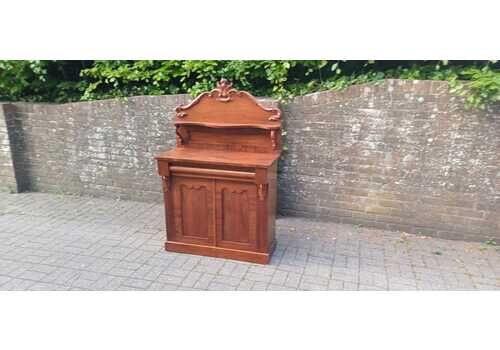 Victorian Rococo Revival Mahogany Chiffoniere 19th Century Antique Sideboard With Carved Pediment & Gothic Panels