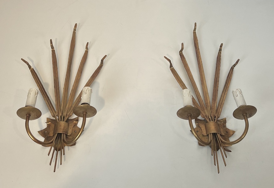 Pair Of Golden Sconces With Ears Of Wheat In The Style Of Coco Chanel photo for sale