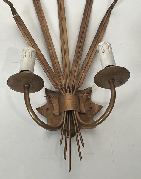 Pair Of Golden Sconces With Ears Of Wheat In The Style Of Coco Chanel photo vintage