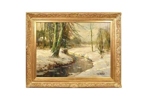 Landscape Painting Under Woods With Snow, Antique Oil Landscape Painting With Forest, Oil On Canvas, Art Deco. (Qp529)