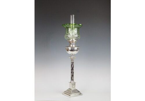 Sterling Silver Corinthian Column Oil Lamp With Original Green Glass Shade