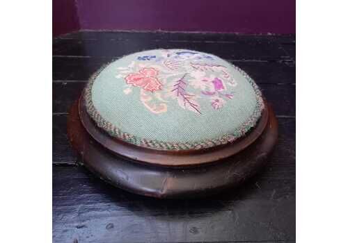 Vintage Needlepoint Footstool. Low Round Foot Rest With Floral Pattern Just Over 12 Inches Diameter