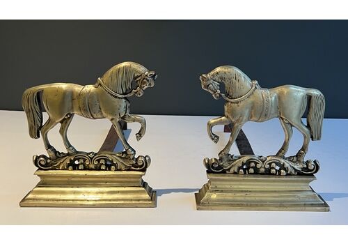 Pair Of Bronze Horse Andirons, 1970s