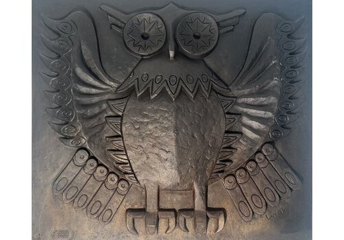 Modernist Cast Iron Fireplace Plate Owl Model Signed Lucas