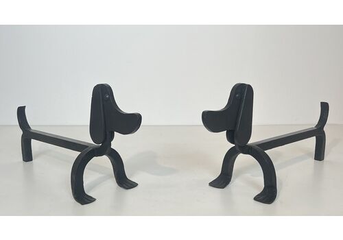 Pair Of Wrought Iron Andirons Depicting Dachshunds Attributed To Edouard Schenck