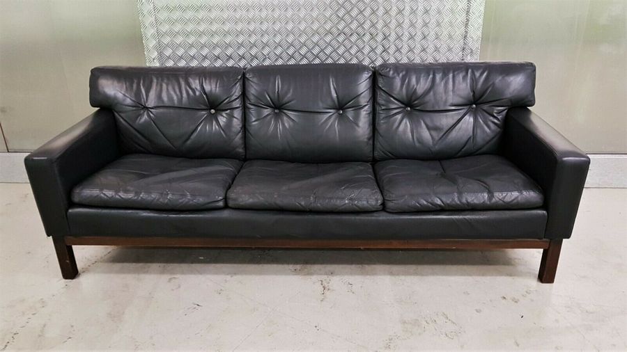 M Oy Black Leather Sofa Vintage Retro Teak Mid Century 50s 60s 70s Danish Era