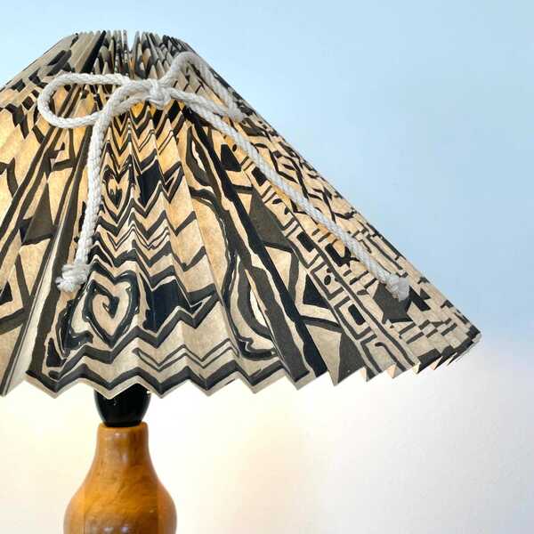 Vintage Danish Design Mid Century Modern Table Lamp With Massive Wooden Base And Pleated Fabric Shade photo Lighting