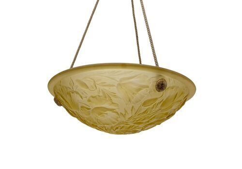 1930s Art Deco Ceiling Light Bowl Chandelier In Orange Molded Glass