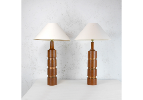 Pair Vintage Mid Century Tall Teak Brass Table Lamps Lights Shade Danish #102877