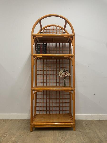 Vintage Rattan Shelf Unit – Boho Arched Bookcase – Cane Etagere Display Shelving photo furniture