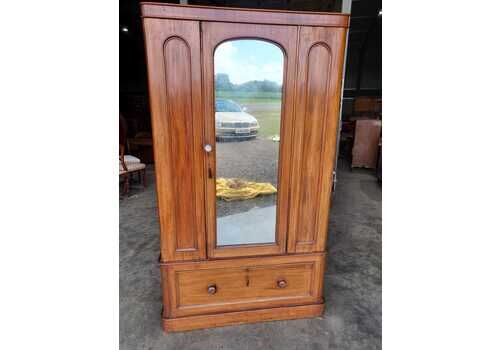 Antique Edwardian Single Wardrobe Mirrored Door Drawer Hanging